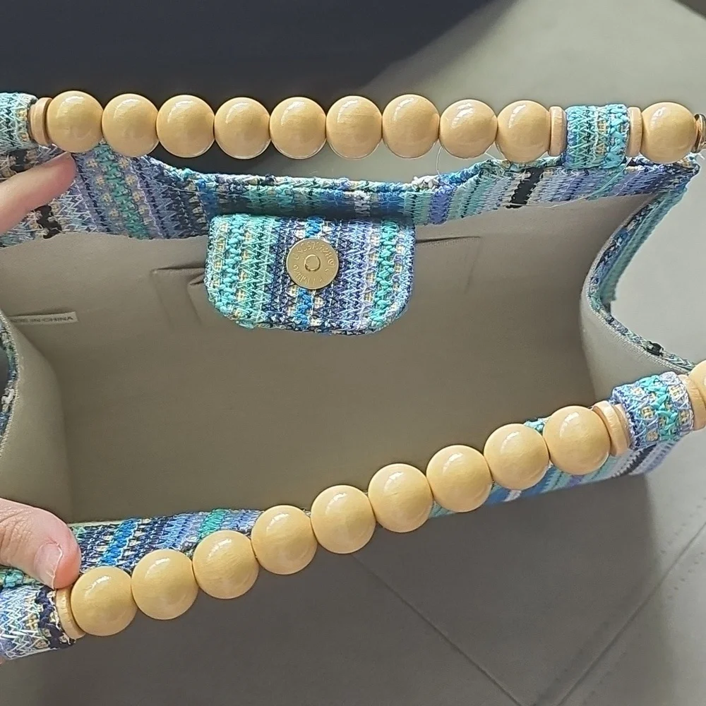 Striped Turquoise Blue and Green Handbag with Wooden Handles